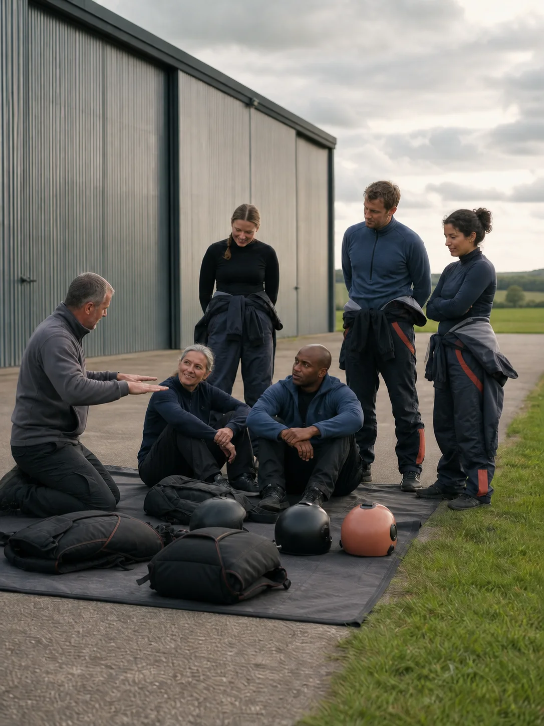 Skydivers debriefing together at a British dropzone